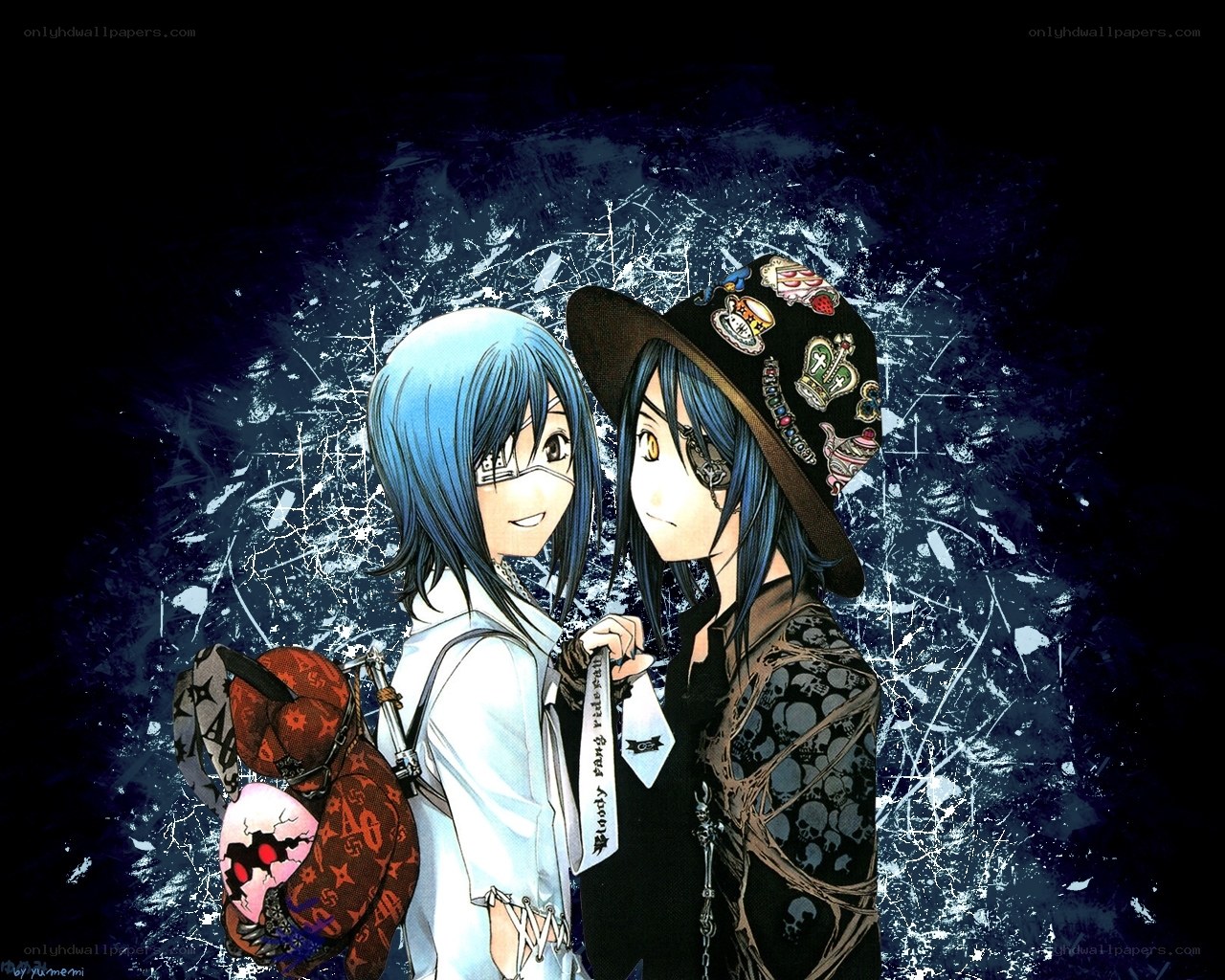 Two anime characters with a dark background