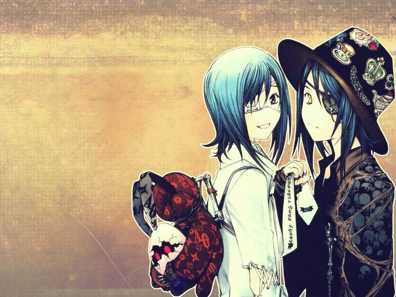 Two anime characters with a skull backpack