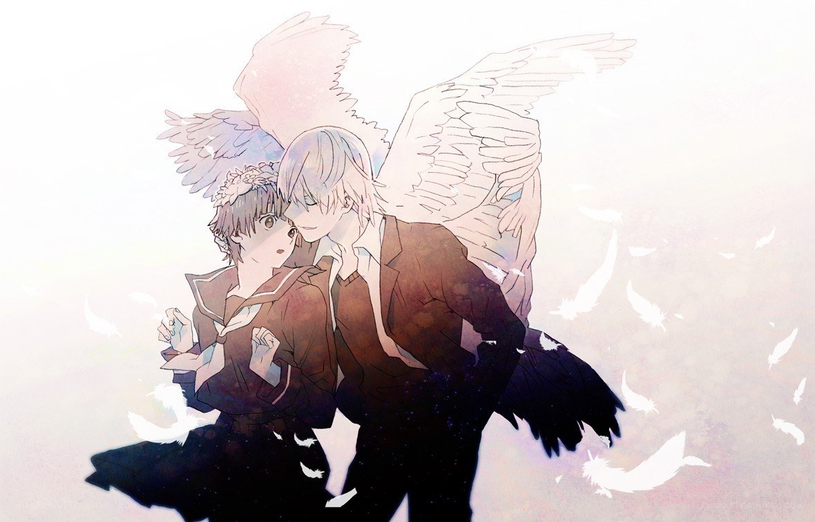 two anime characters with angel wings