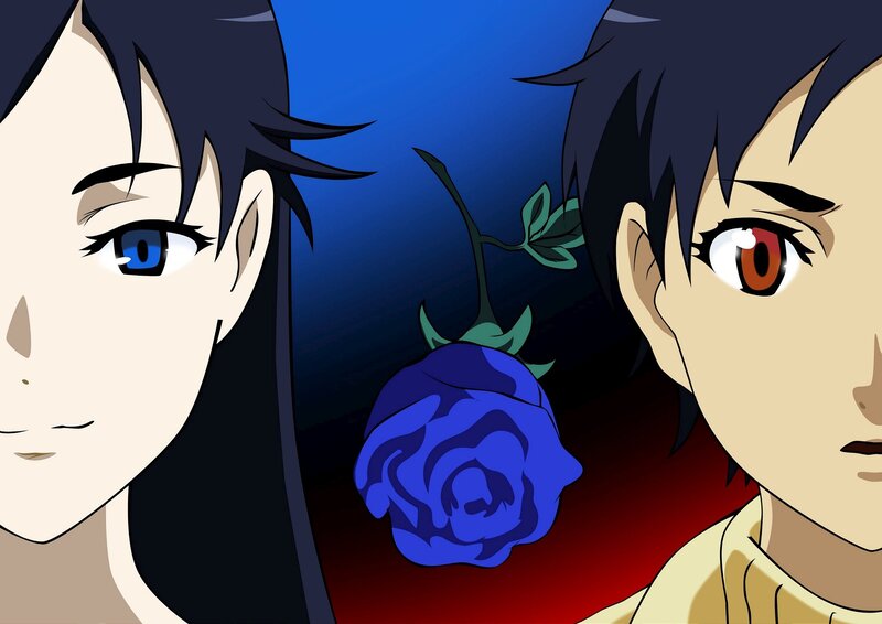 Two anime characters with blue rose