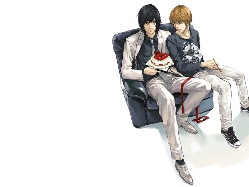 Two anime characters with cake