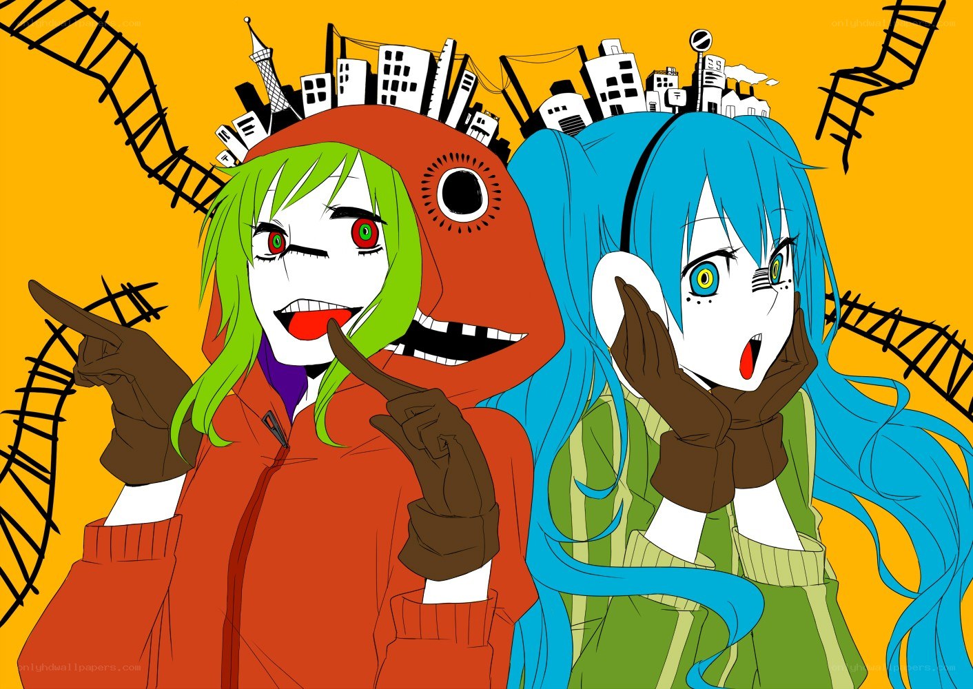 Two anime characters with cityscape hats