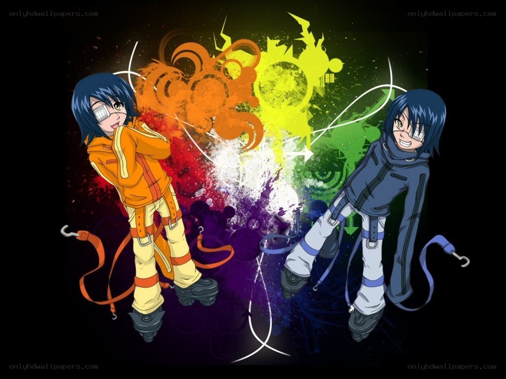 Two anime characters with colorful background