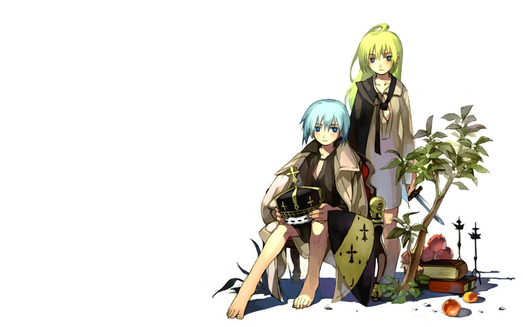 two anime characters with crown and shield