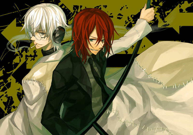 Two anime characters with distinct hair colors