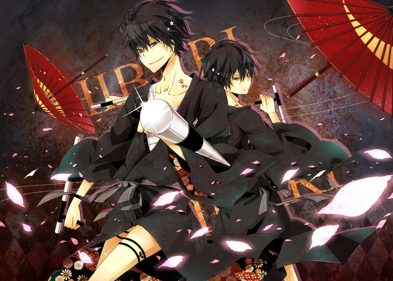 Two anime characters with fans