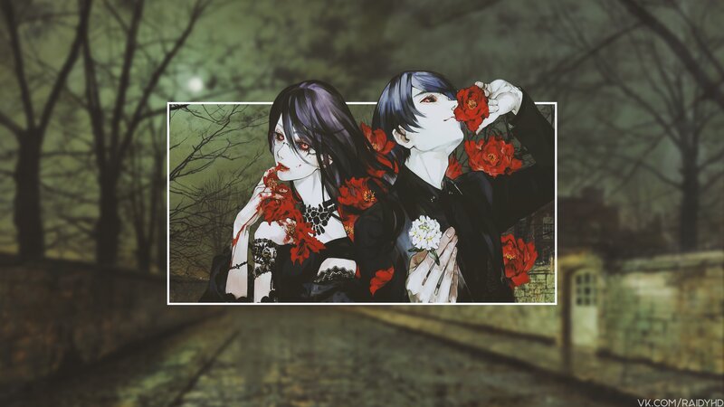 Two Anime Characters with Flowers — Black, Dark