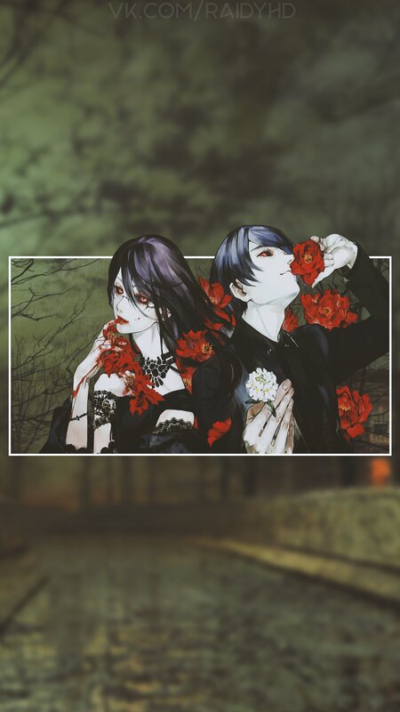 Two Anime Characters with Flowers — Black, Dramatic