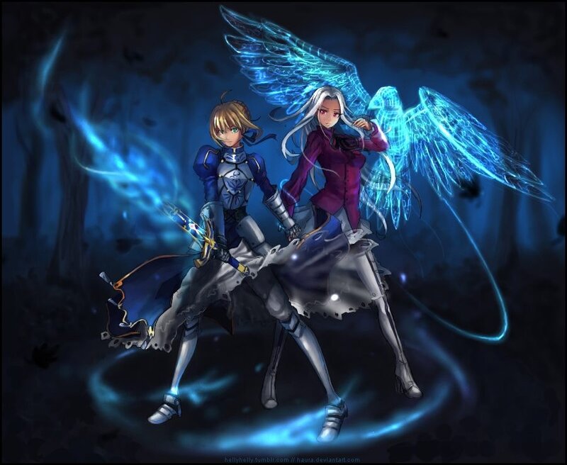Two anime characters with glowing wings