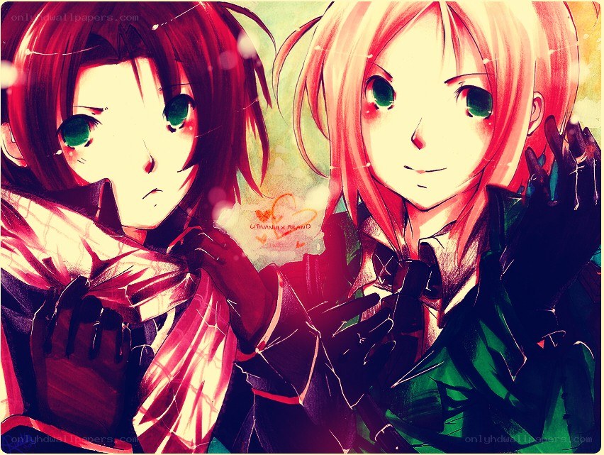 Two anime characters with green eyes