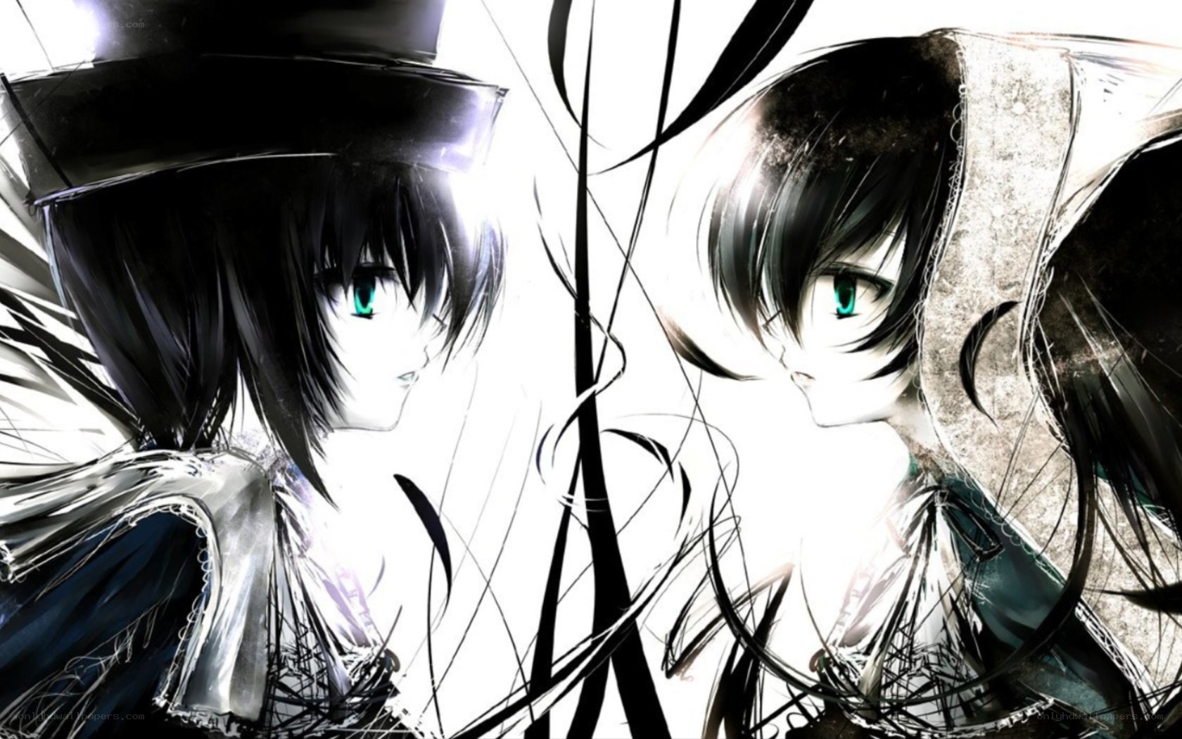 two anime characters with green eyes