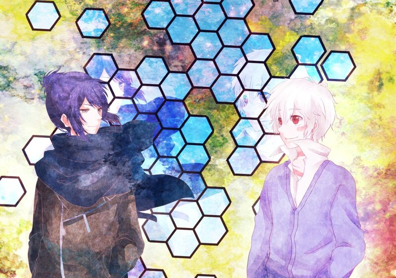 Two anime characters with hexagons