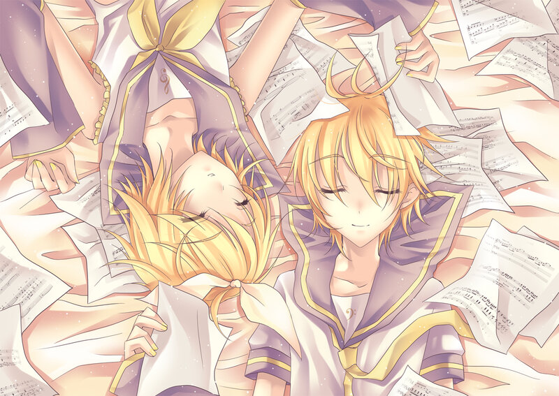 Two anime characters with music sheets