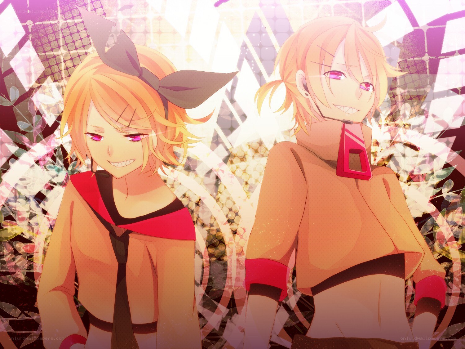 Two anime characters with pink eyes
