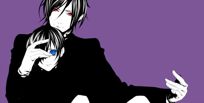 two anime characters with red and blue eyes