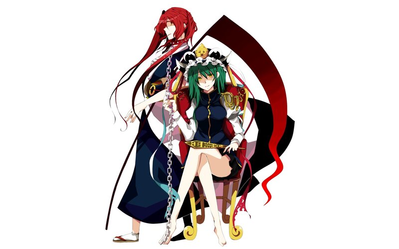 Two anime characters with red and green hair