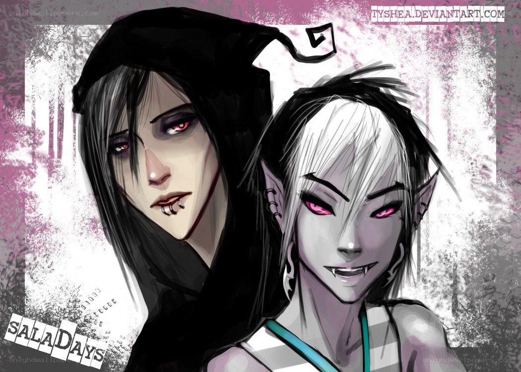 Two anime characters with red eyes
