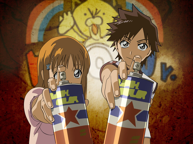 Two anime characters with spray cans