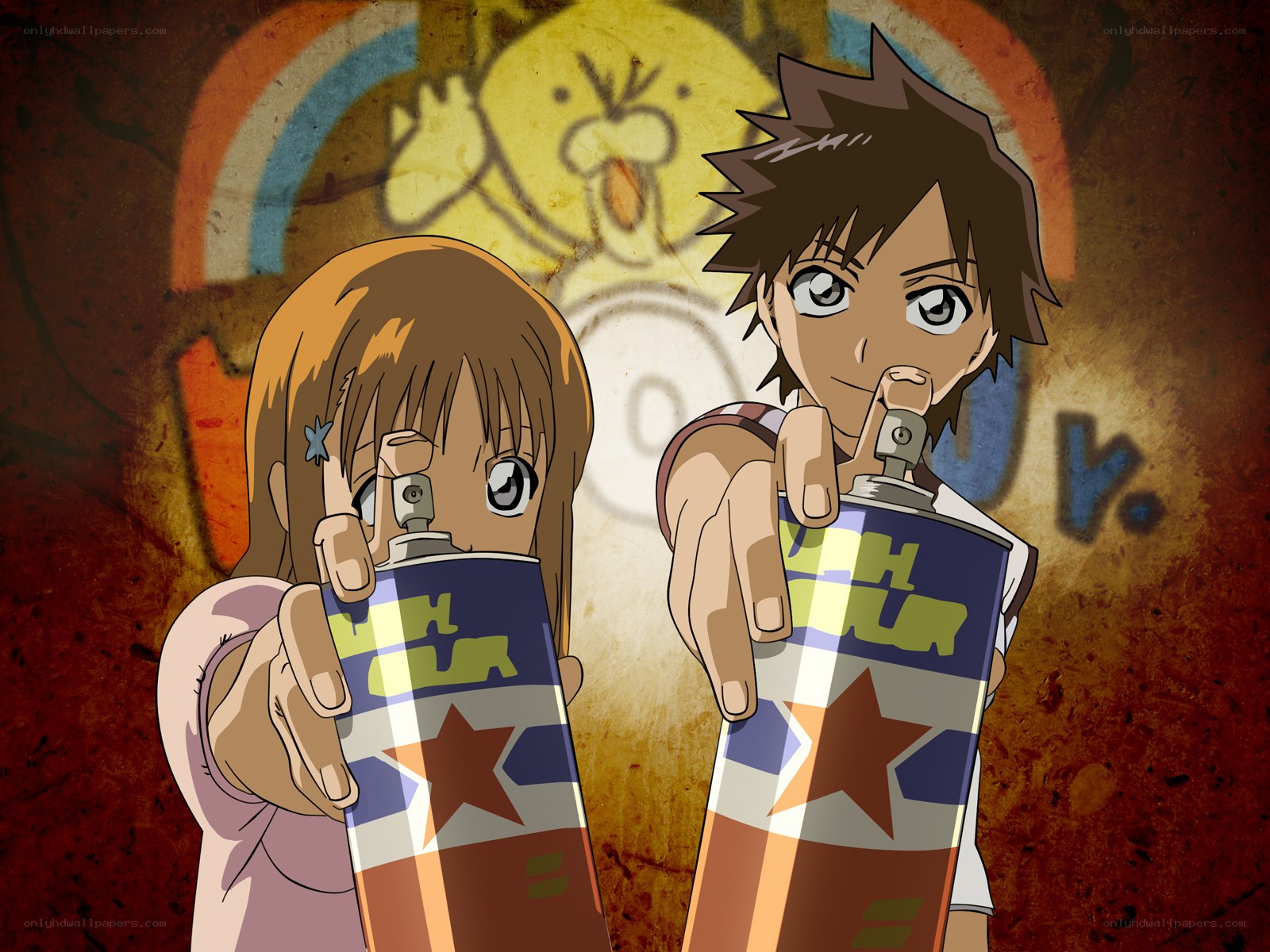 Two anime characters with spray cans