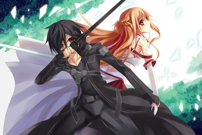 Two Anime Characters with Swords — Black, Dramatic, Long Hair, Battle Armor