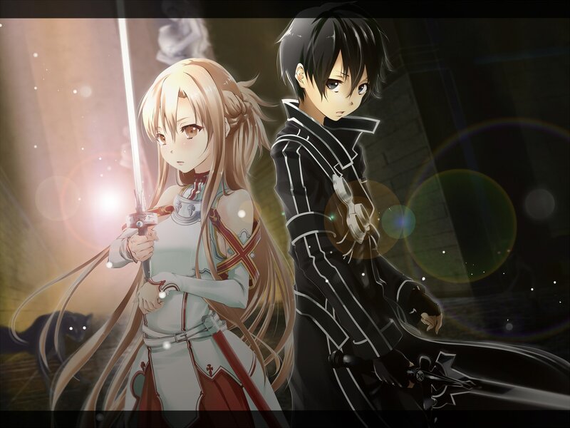 Two Anime Characters with Swords — Black, Dramatic, Night, Cat