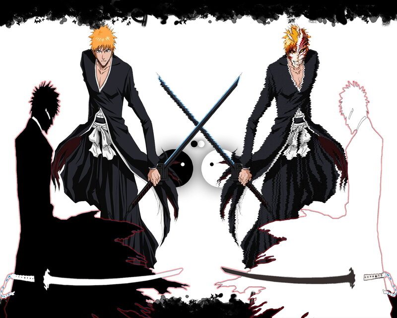 Two Anime Characters with Swords — Black, Dramatic, Yin-yang Symbol