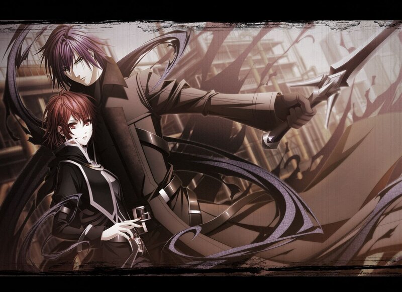 Two Anime Characters with Swords — Brown, Dramatic, Cityscape