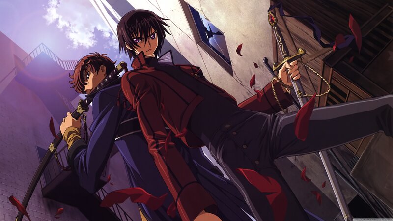 Two Anime Characters with Swords — Red, Dramatic, Afternoon