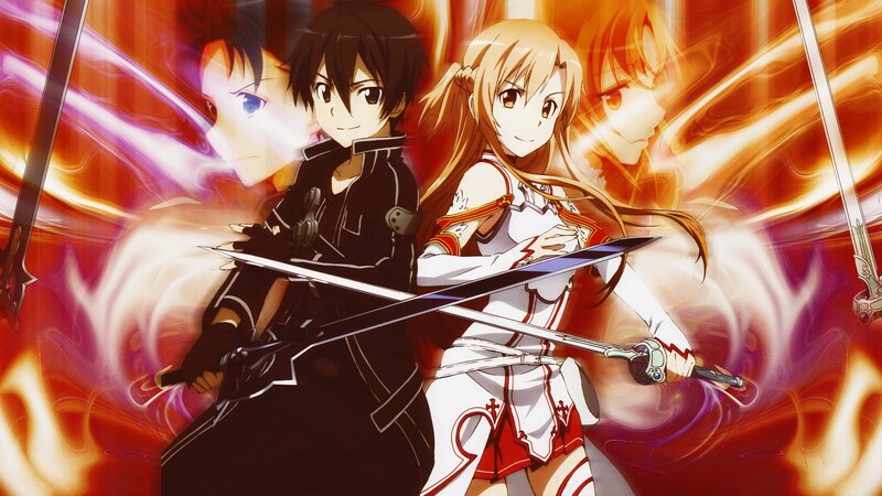 Two Anime Characters with Swords — Red, Dramatic, Flames, Anime Art