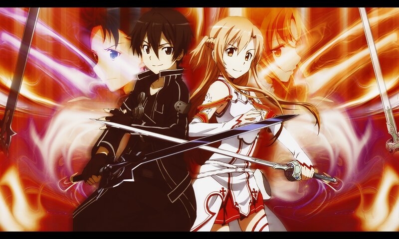 Two Anime Characters with Swords — Red, Dramatic, Flames