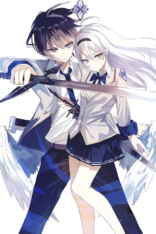 Two Anime Characters with Swords — White, Dramatic, Wings
