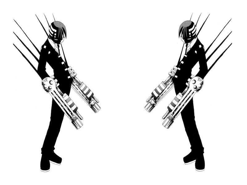two anime characters with weapons