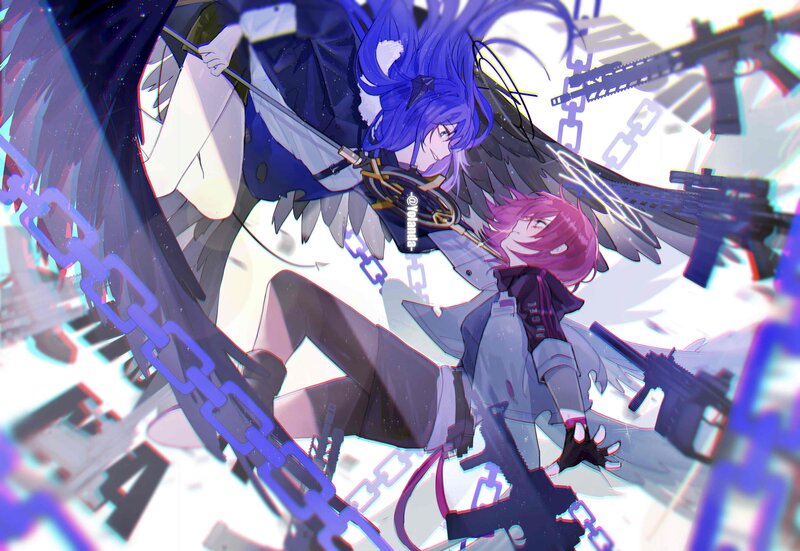 Two Anime Characters with Wings — Blue, Dramatic, Digital Art