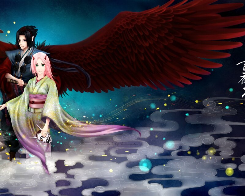 Two Anime Characters with Wings — Blue, Dramatic, Night, Digital Art