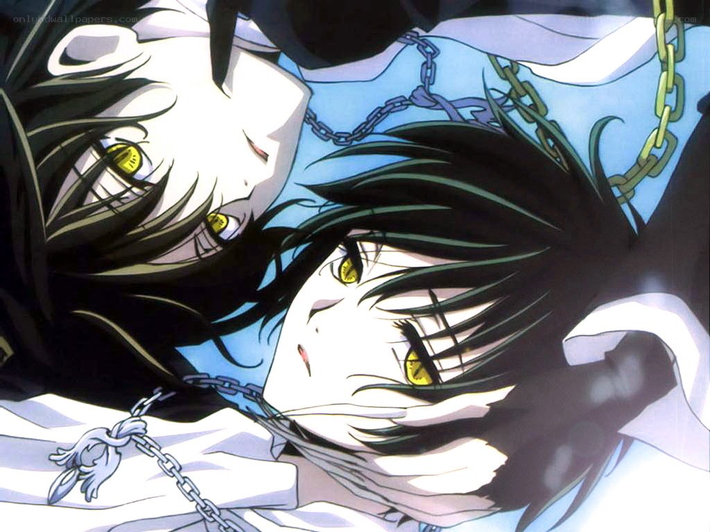 Two anime characters with yellow eyes
