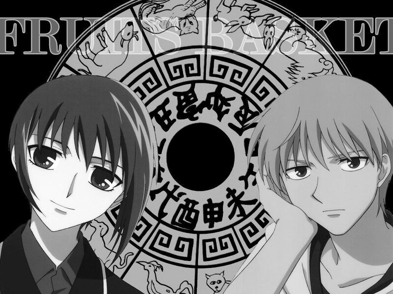 Two anime characters with zodiac wheel