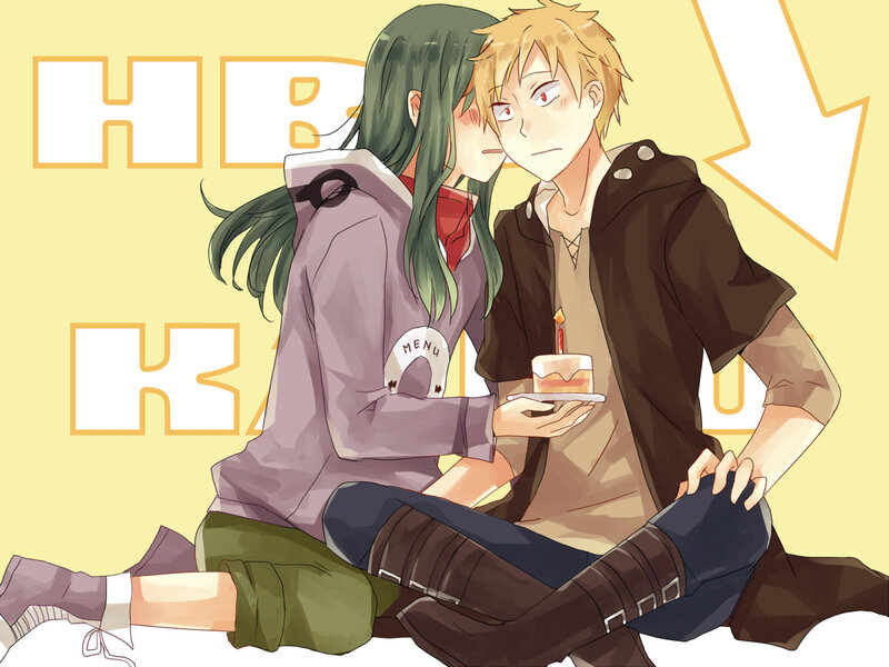 Two Anime Characters — Yellow, Celebratory, Cake