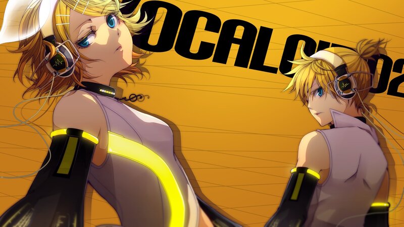 Two Anime Characters — Yellow, Dramatic, Headphones, Yellow Background