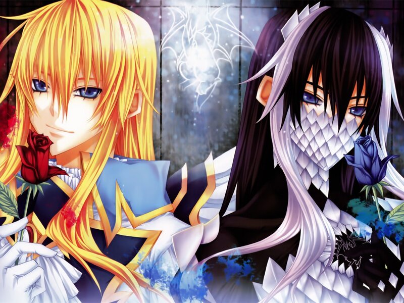 Two Anime Characters — Yellow, Dramatic, Night, Roses