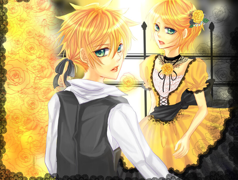 Two Anime Characters — Yellow, Dramatic, Roses, Dress
