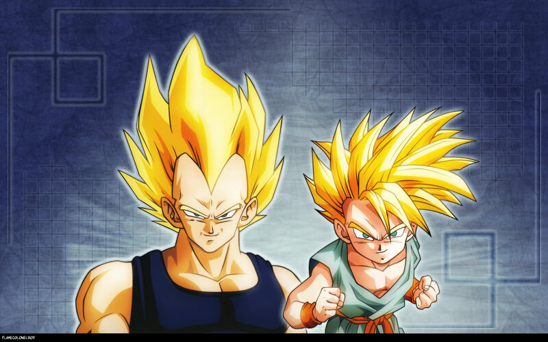 Two Anime Characters — Yellow, Dramatic, Spiky Hair, Super Saiyan