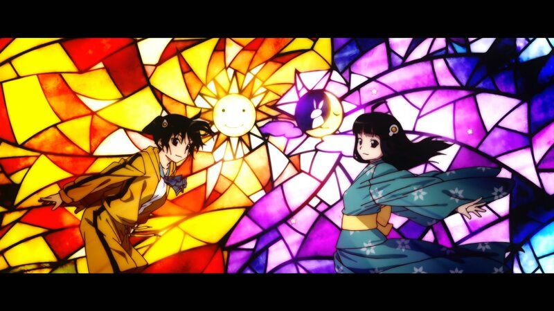 Two Anime Characters — Yellow, Dramatic, Stained Glass, Sun
