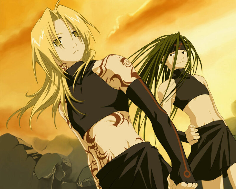 Two Anime Characters — Yellow, Dramatic, Sunset, Tattoos, Long Hair, Black Clothing
