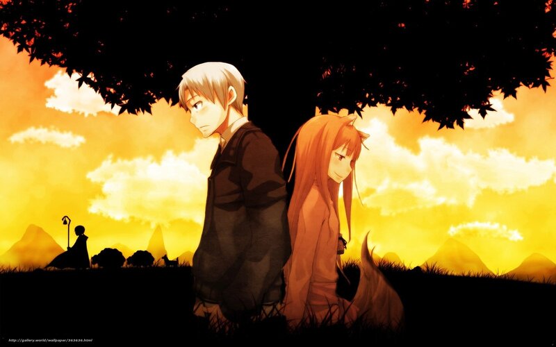 Two Anime Characters — Yellow, Dramatic, Sunset, Tree, Silhouette