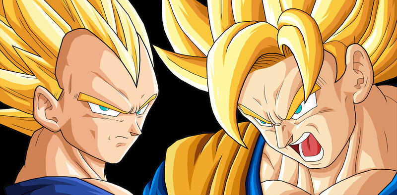 Two Anime Characters — Yellow, Intense, Spiky Hair, Blue Clothing