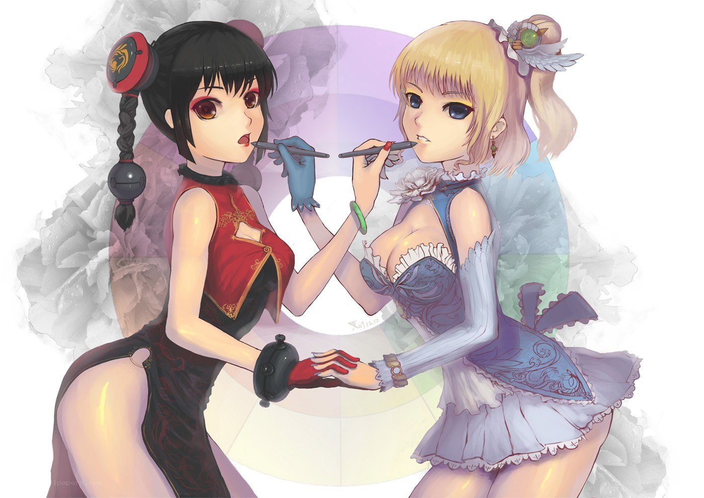 Two anime girls applying makeup