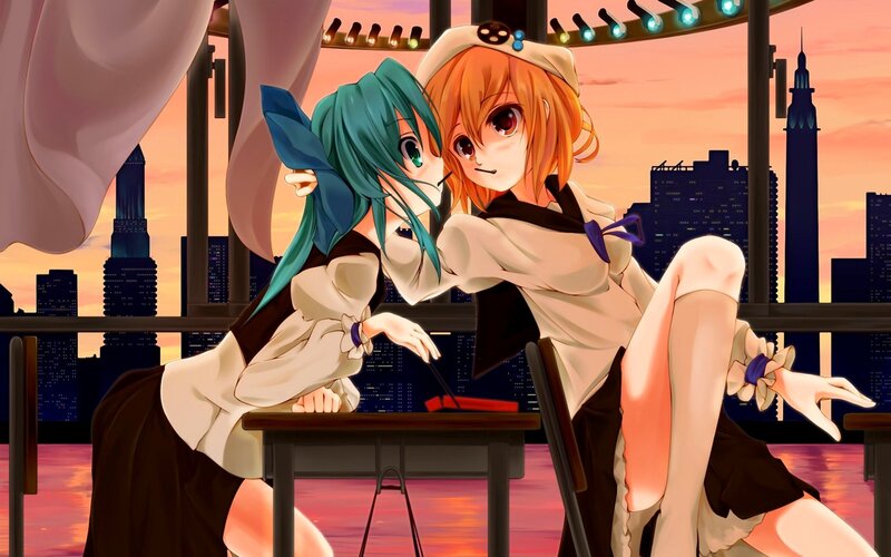 Two anime girls at a city sunset