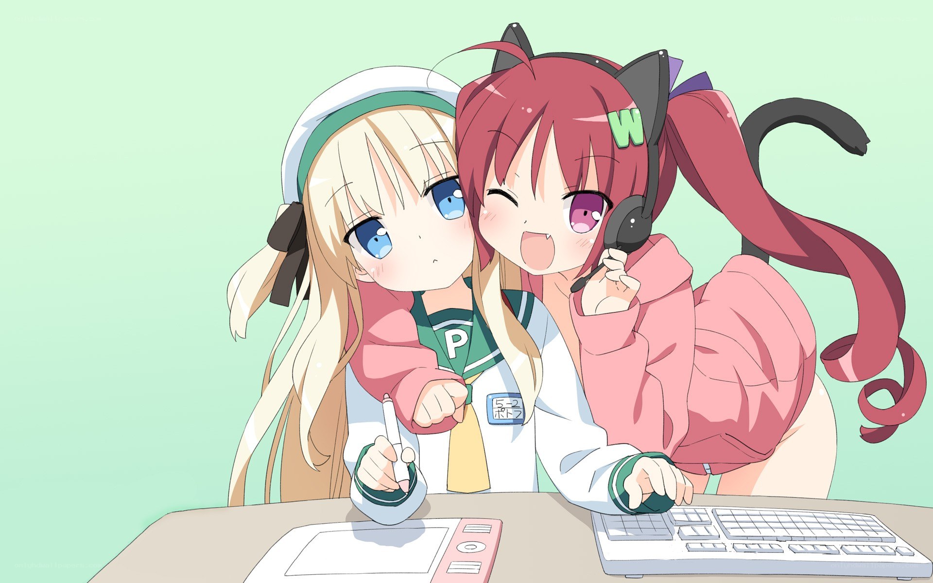 Two anime girls at a desk