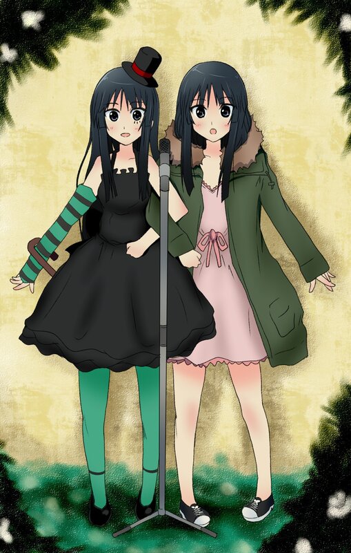 Two anime girls at a microphone
