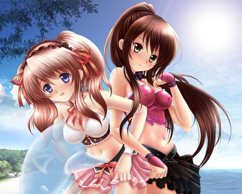Two Anime Girls at Beach — Blue, Serene, Afternoon